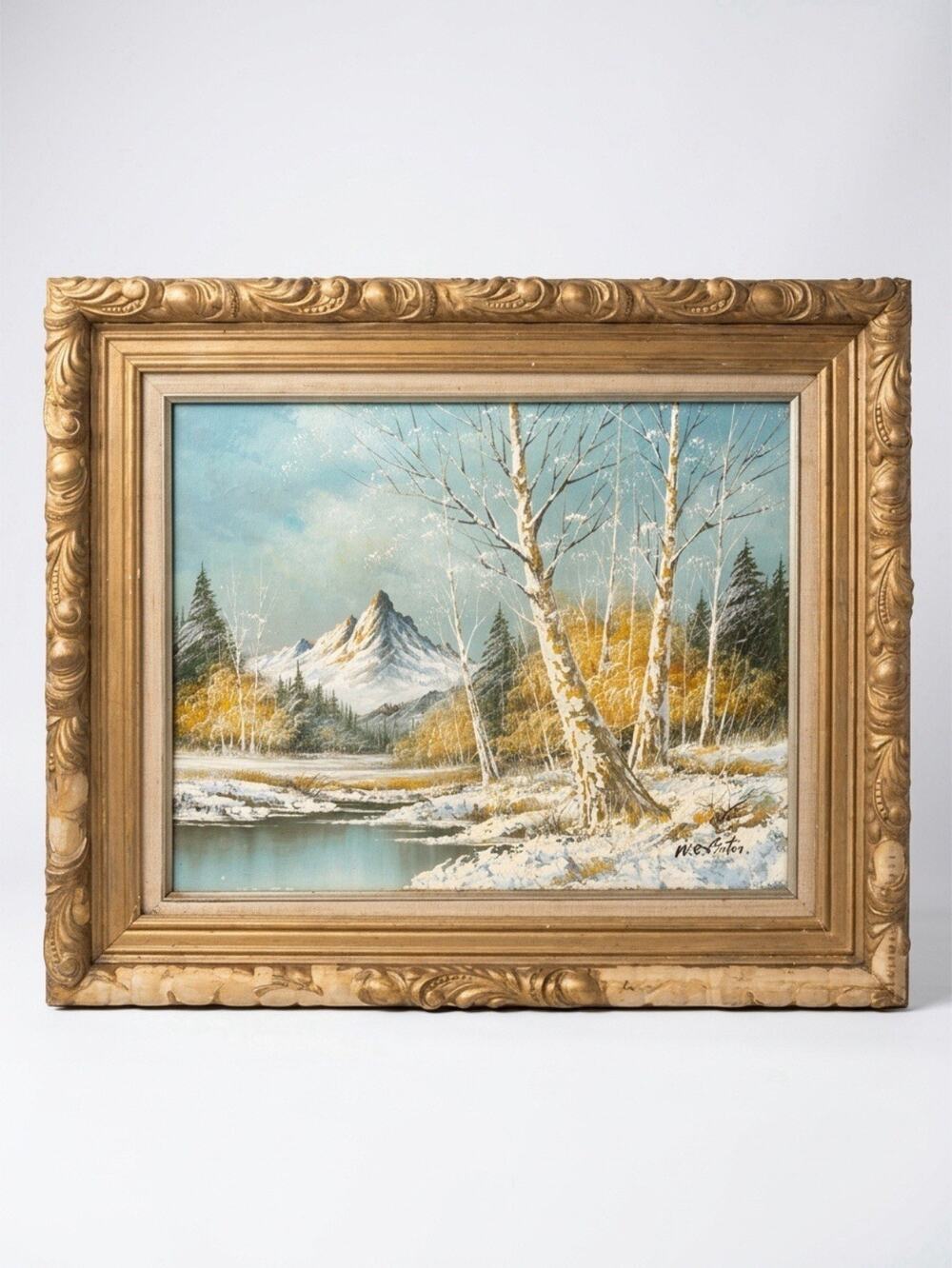 VTG Original Landscape Oil Painting Mountain River Scene Framed Signed W.Cinton